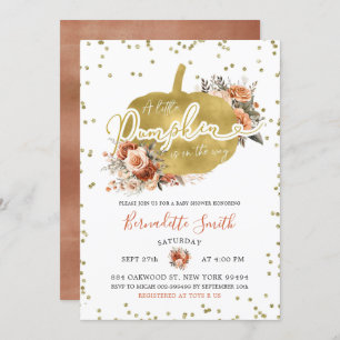 Invitation Baby shower Citrouille or et Floral Burnt Orange