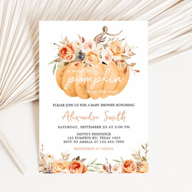 Invitation Baby shower Citrouille orange (Pumpkin Floral Baby Shower Invitation)