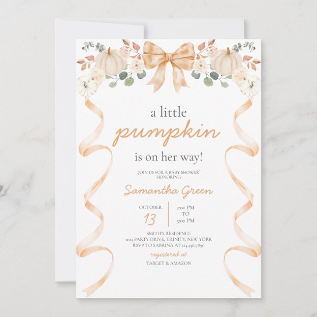 Invitation Baby shower Citrouille Orange Bow (Devant)
