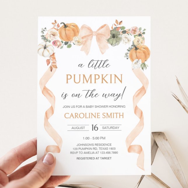 Invitation Baby shower Citrouille Orange Bow (Orange Bow Little Pumpkin Baby Shower Invitation)