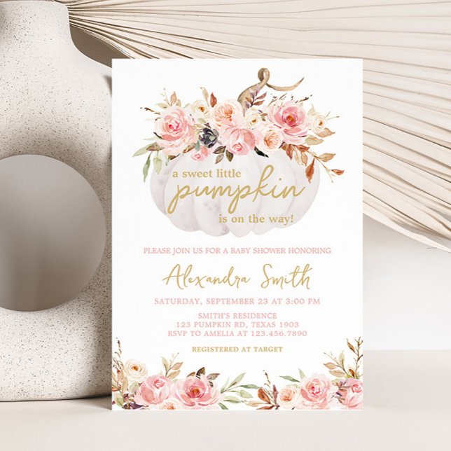 Invitation Baby shower Citrouille rose (White Pumpkin Pink Floral Baby Shower Invitation)