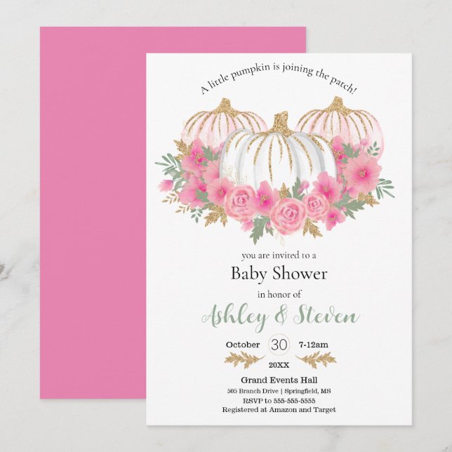 Invitation Baby shower Citrouille rose et blanc (Devant / Derrière)