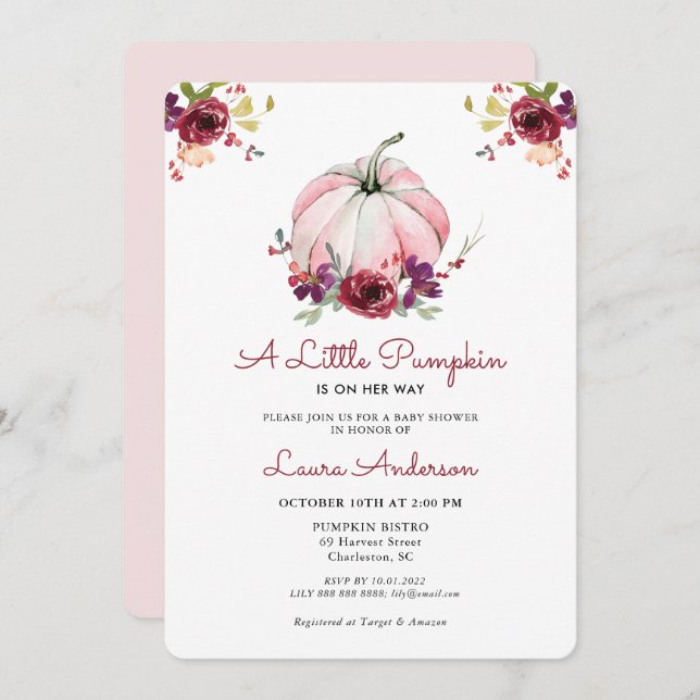 Invitation Baby shower Citrouille rose et bourgogne (Devant / Derrière)