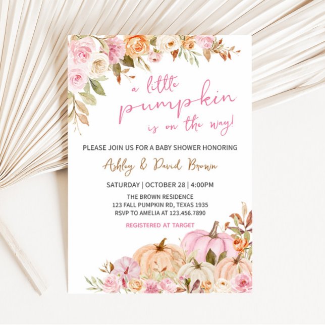 Invitation Baby shower Citrouille rose floral (Pink Floral Pumpkin Baby Shower Invitation)