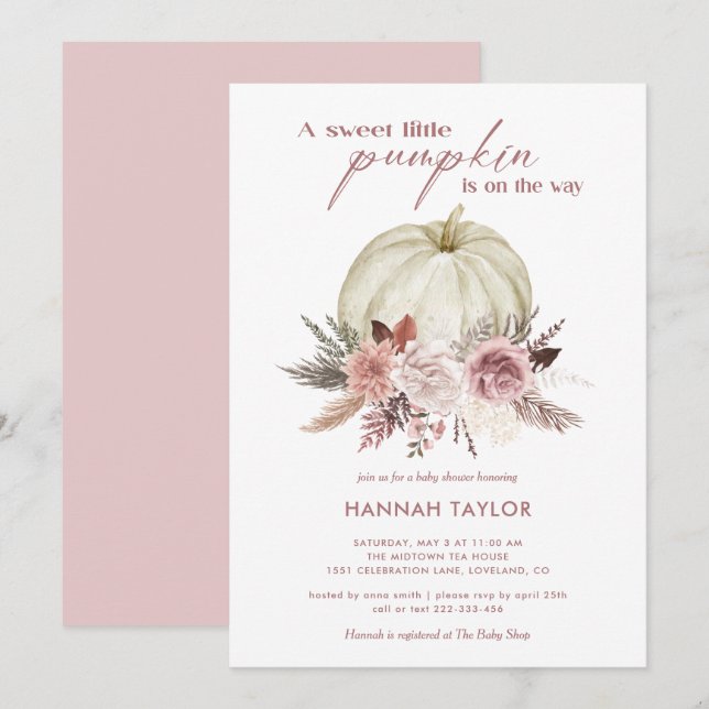 Invitation Baby shower Citrouille rose floral (Devant / Derrière)