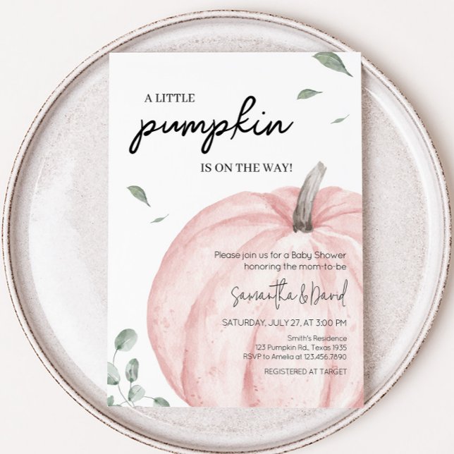 Invitation Baby shower Citrouille rose minimaliste (Watercolor Pumpkin Baby Shower Invitation)