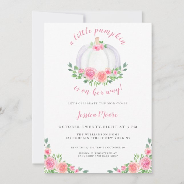 Invitation Baby shower Citrouille rose Roses (Devant)