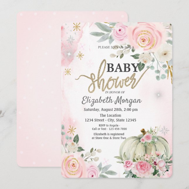 Invitation Baby Shower Citrouille Roses Roses Pâles à Points  (Devant / Derrière)