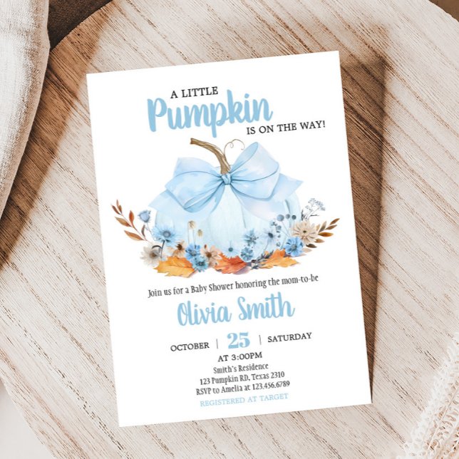 Invitation Baby Shower Citrouille Ruban Bleu (Boy Bow Pumpkin Baby Shower Invitation)