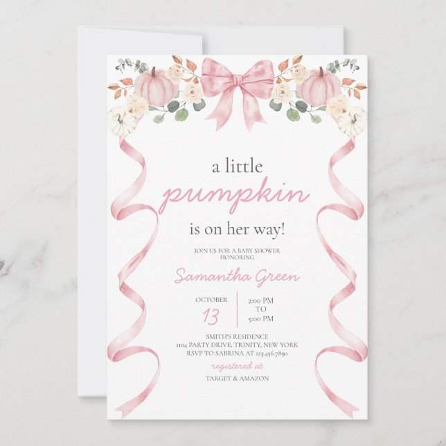 Invitation Baby Shower Citrouille Ruban Rose (Devant)