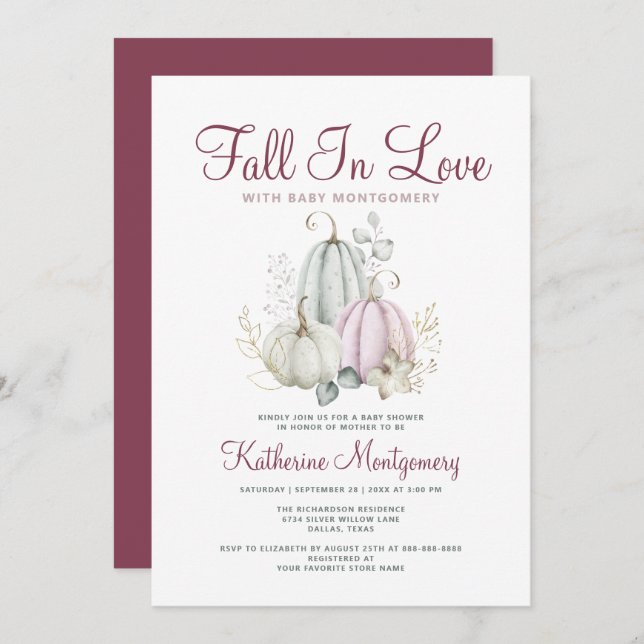 Invitation Baby shower citrouille Tombe Dans L'Amour Élégant  (Devant / Derrière)
