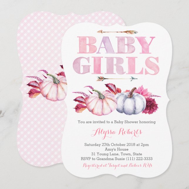 Invitation Baby shower Citrouille Twin Girls rose Grey (Devant / Derrière)