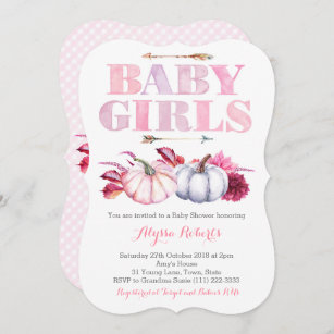 Invitation Baby shower Citrouille Twin Girls rose Grey