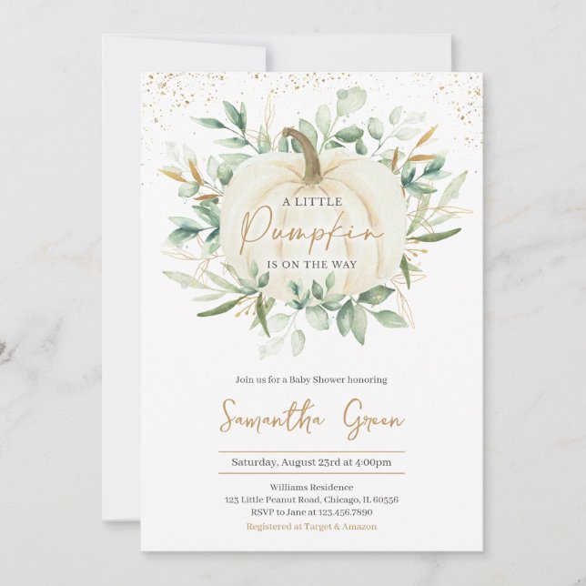 Invitation Baby shower Citrouille verdoyant or (Devant)