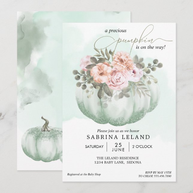 Invitation Baby shower Citrouille vert à la menthe d'aquarell (Devant / Derrière)