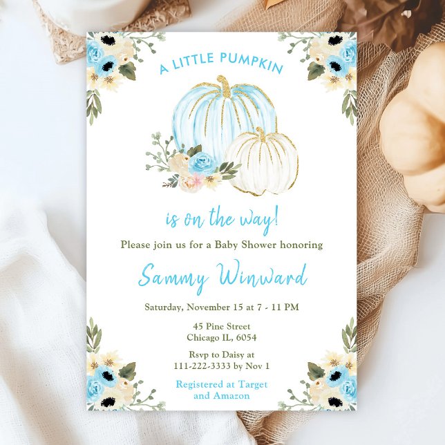 Invitation Baby Shower Citrouilles Bleues et Blanches (Créateur téléchargé)