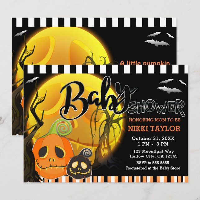 Invitation Baby Shower Citrouilles Halloween Clair de Lune (Devant / Derrière)