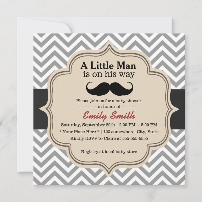 Invitation Baby shower Classé Chevron Mustache Little Man (Devant)