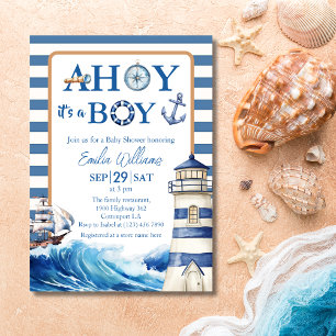Invitation Baby shower classique Bleu Blanc Nautique