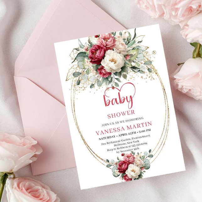 Invitation Baby-Shower classique boho rouge blanc floral or (Classic Boho Red White Floral Gold Baby Shower)
