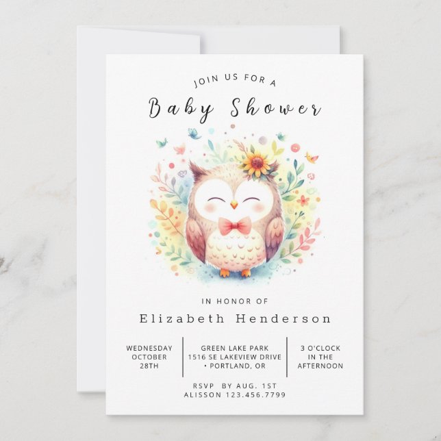 Invitation Baby shower classique de la Chouette des forêts (Devant)