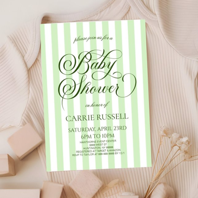 Invitation Baby-Shower Classique Élégant Bandes Vertes (Créateur téléchargé)