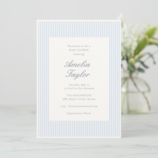 Invitation Baby Shower Classique Élégant Rayure Bleue Blanche (Debout devant)