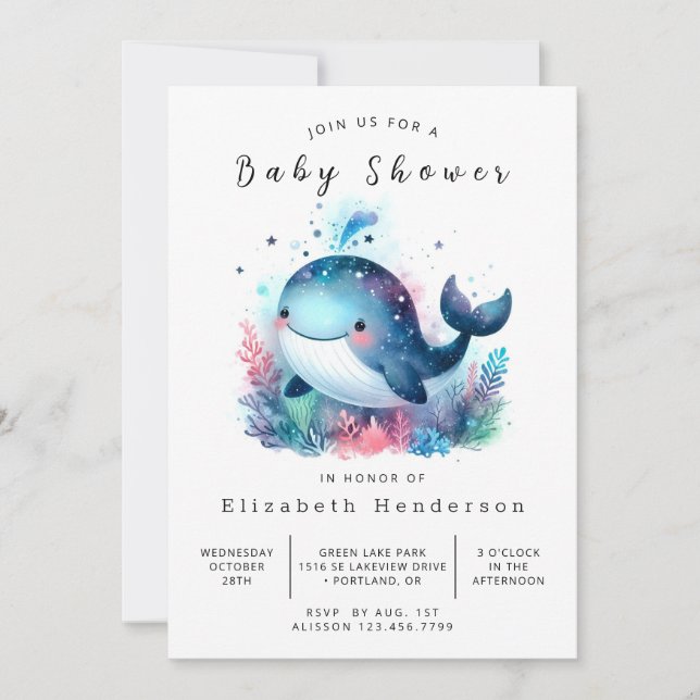 Invitation Baby shower classique en ligne baleines (Devant)