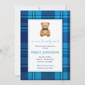 Invitation Baby shower classique Preppy Blue Plaid Teddy Bear