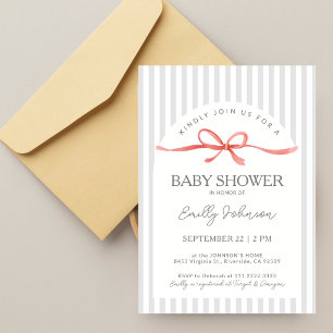 Invitation Baby Shower Classique Rubans Gris et Ruban Rouge