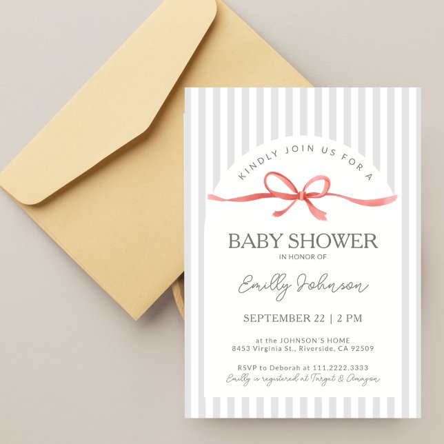 Invitation Baby Shower Classique Rubans Gris et Ruban Rouge (Créateur téléchargé)