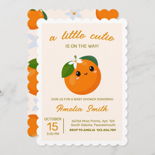 Invitation Baby shower Clementine Orange Little Cutie (Devant / Derrière)