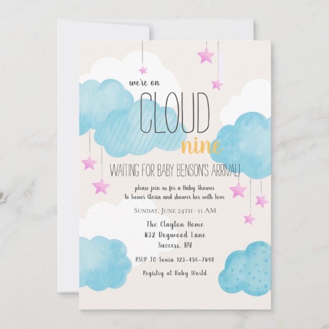 Invitation Baby shower Cloud 9 avec étoiles roses (Devant)