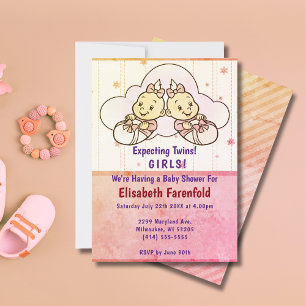 Invitation Baby shower Cloud Twin Girls Retro attendu