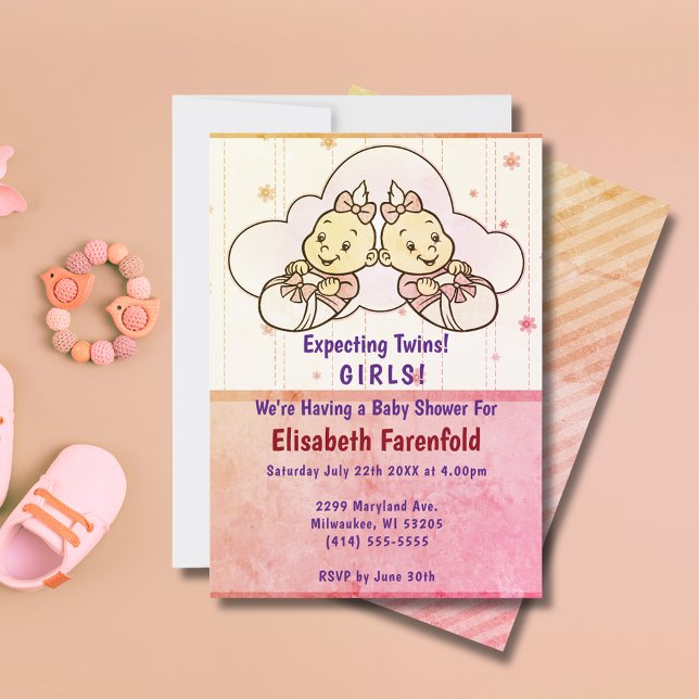 Invitation Baby shower Cloud Twin Girls Retro attendu (Expecting Twin Girls Cloud Baby Shower Retro Invitation)