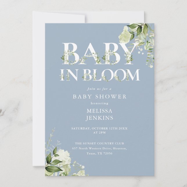 Invitation Baby Shower Code QR Dusty Blue en fleurs et verdur (Devant)
