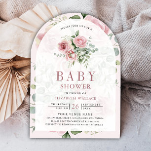 Invitation Baby Shower Code QR Eucalyptus Floral Rose Pâle