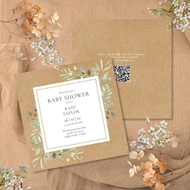Invitation Baby Shower Code QR Greenery Kraft Rustique Neutre (Rustic Kraft Greenery Neutral QR Code Baby Shower Invitation)