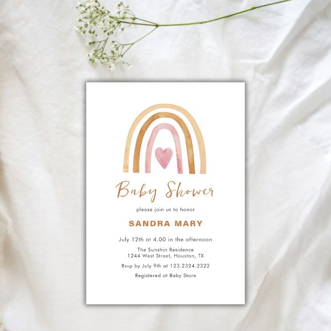 Invitation Baby shower Coeur arc-en-ciel de Boho neutre (Neutral Boho Rainbow Heart Baby Shower Invitation)