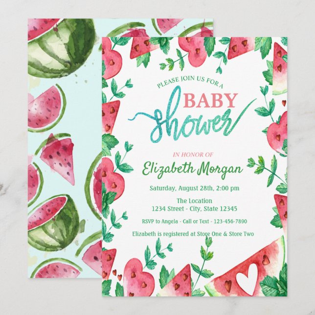 Invitation Baby Shower Cœur de Pastèque Mignon  (Devant / Derrière)