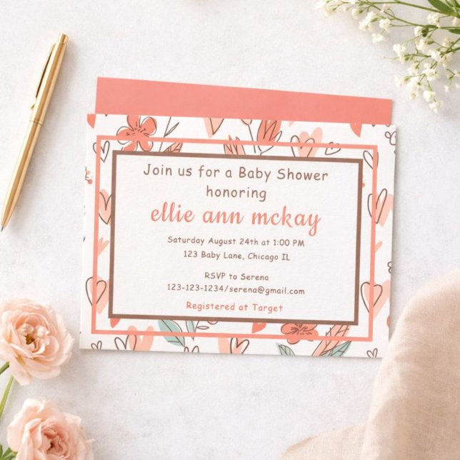 Invitation Baby Shower Cœur Floral (Créateur téléchargé)