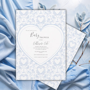 Invitation Baby Shower Cœur Floral Bleu Fantaisiste