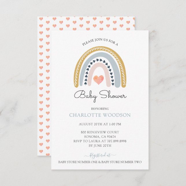 Invitation Baby shower Coeur rose arc-en-ciel (Devant / Derrière)