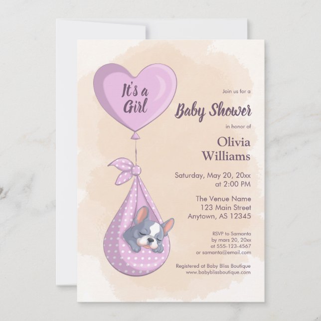 Invitation Baby shower Coeur rose Chien-Chien-Chien mignon (Devant)