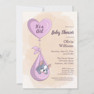 Invitation Baby shower Coeur rose Chien-Chien-Chien mignon