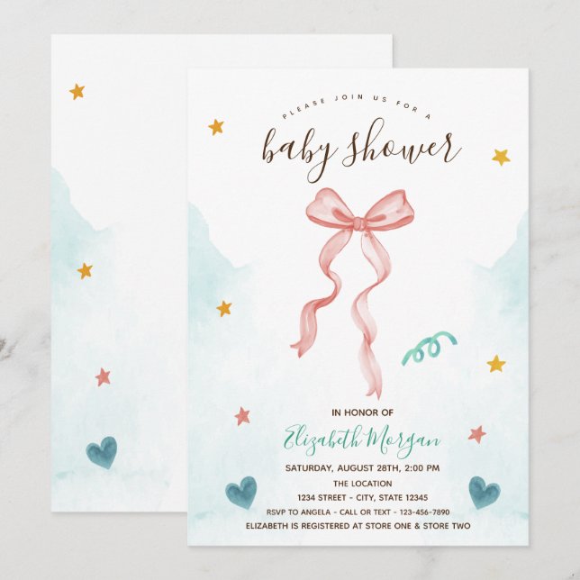 Invitation Baby shower Coeurs de la Bow rose (Devant / Derrière)