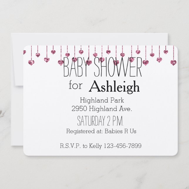 Invitation Baby shower Coeurs de Parties scintillant rose (Devant)