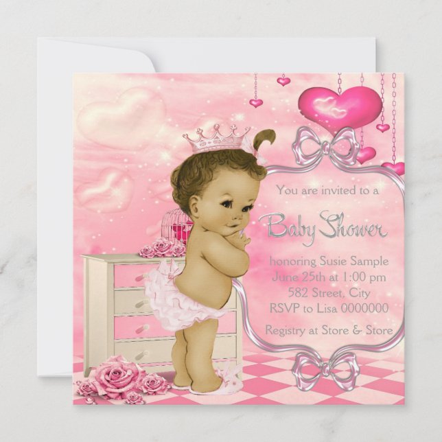 Invitation Baby Shower Cœurs et Roses Rose et Vert (Devant)