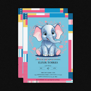 Invitation Baby shower coloré Jungle Blue Elephant