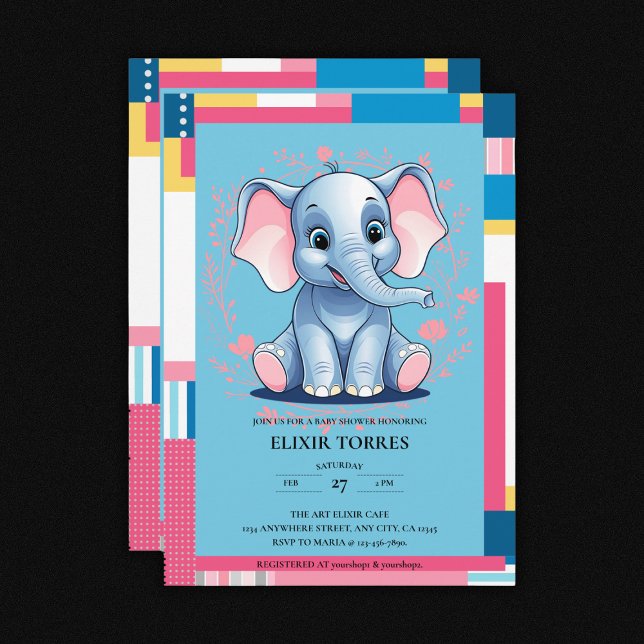 Invitation Baby shower coloré Jungle Blue Elephant (Créateur téléchargé)